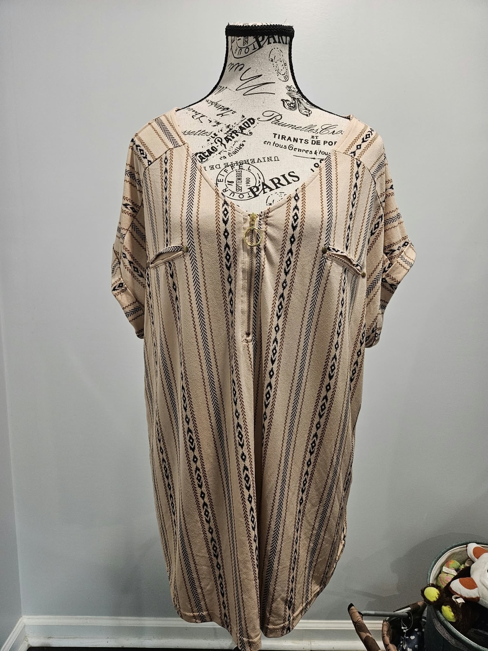 Flower & Feather Geometric Medi Boho Dress in Beige & Black